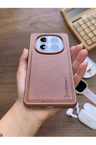 Redmi Note 14 Pro 5g Uyumlu Premium Deri Dokulu Darbelere Karşı Dayanıklı Nazal Silikon Kılıf Kahverengi