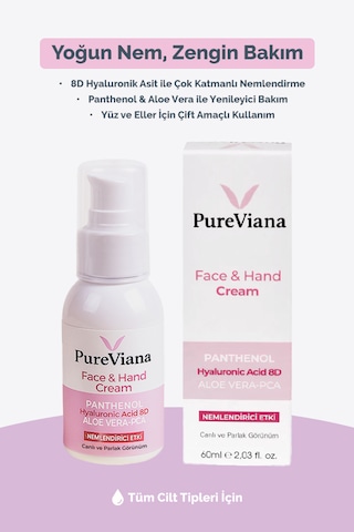 Pureviana Yüz & El Kremi 60ml Hyaluronik Asit 8d + Aloe Vera + Cica + Shea Nemlendirici, Bariyer Onarıcı