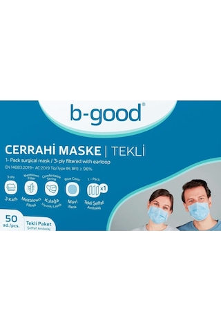 B-Good Full Ultrasonik 3 Katlı Lastikli Maske 50 Adet - Tekli Poşet