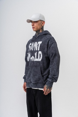 Respire Erkek Star Baskılı Yıkamalı Kapüşonlu Oversize Hoodie Siyah