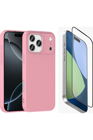 Apple Uyumlu iPhone 17 Pro Içi Kadife Lansman Kılıf Ve Mat Seramik Tam Kaplayan Cam Ekran Koruyucu Açık Pembe