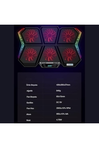 Led Işıklı Ayarlanabilir 7 Kademeli Stand 6 Fanlı Göstergeli Notebook Laptop Soğutucu Turbo Fan