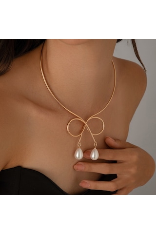 Takı Punk Metal Düz Halka Fiyonk Kolye Kadın Tatlı Serin Su Damlası İmitasyon İnci Gerdanlık Kolye Diğer