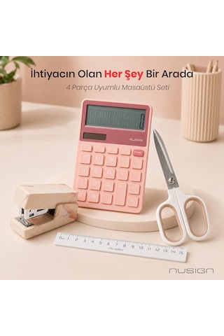 Nusign Hesap Makinesi &zımba & Makas Kırtasiye Seti - Pembe