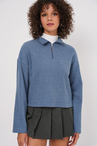 Bigdart 55449 Fermuarlı Yaka Örme Sweatshirt - İndigo