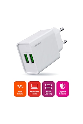 Polosmart Psm134 2a Çift Usb Şarj Adaptörü Akıllı Tanıma Hızlı Şarj Başlığı 10w Beyaz