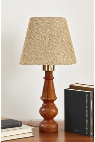 Ahşap Gövdeli Kumaş Başlıklı Dekoratif Abajur Masa Lambası Aydınlatma Lamba Ekru