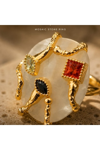 Riody Atelier No.01 Mosaic Stone Ring Koleksiyon Serisi Doğal Taş Statement Ring Sarı Altın
