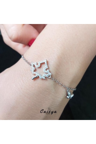 Çınar Yaprağı Zirkon Taşlı Gümüş Bileklik Silver