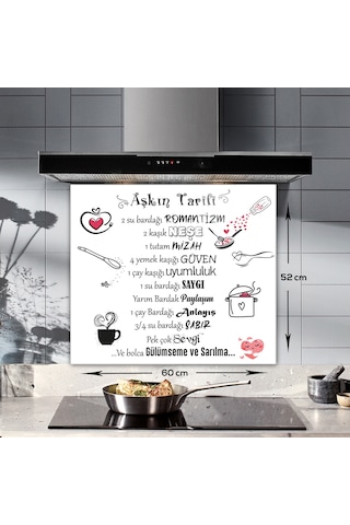 Cam Ocak Arkası Koruyucu Aşkın Tarifi Beyaz Fon 52cm X 60cm