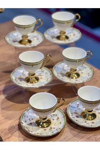 6lı Arlen Çiçek Tabaklı Yeşil Gold Ayaklı Türk Kahve Fincan Takımı