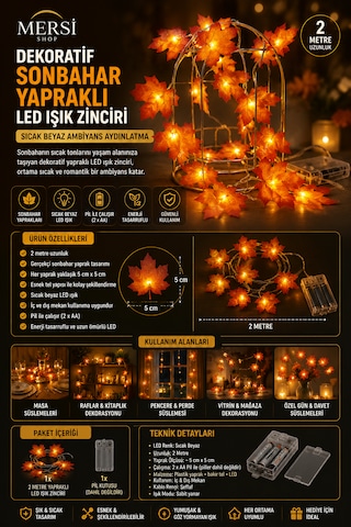 Dekoratif Sonbahar Yapraklı Led Işık Zinciri 2 Metre Pilli Sıcak Beyaz Ambiyans Aydınlatma