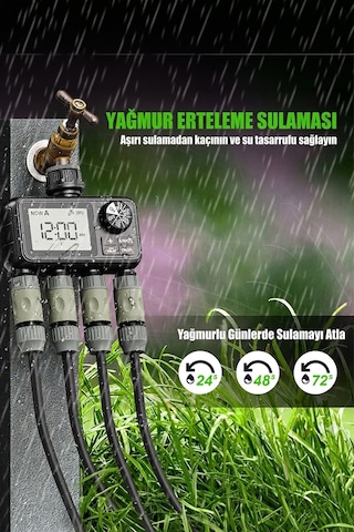 Akıllı Bahçe Sulama Bilgisayarı - 4 Çıkışlı Dijital Zamanlayıcı - Yağmur Erteleme Modlu