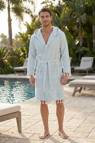 Kapşonlu Unisex Peştemal Plaj Bornozu %100 Pamuklu Seaside Stripe Turkuaz