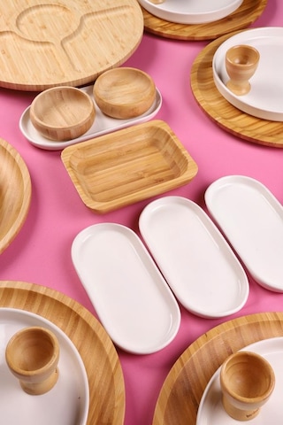 Atbyhome Calmora 12 Kişilik 51 Parça Doğal Bambu & Seramik Kahvaltı Takımı Kahvaltı Seti Sunum Seti Bambu