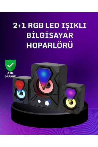 Usb Bağlantılı Rgb 2.1 Hoparlör Seti Derin Bas Ve Renkli Işık