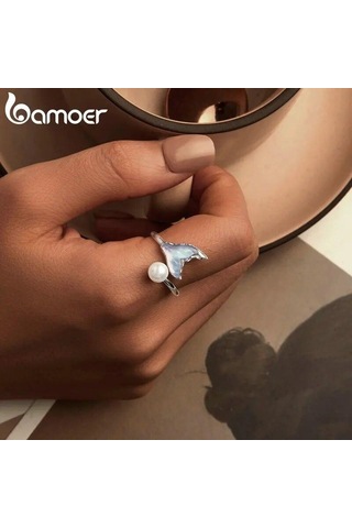 Bamoer Beyaz Altın Kaplama Balık Kuyruğu İnci Yüzük, 925 Ayar Gümüş Sevimli Ayarlanabilir Yüzükler Kadın Kızlar İçin