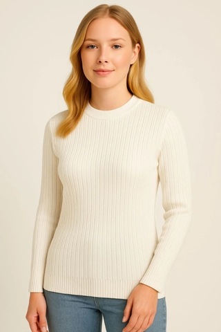 Bisiklet Yuvarlak Yaka Triko Kazak Pamuklu Kalın Fitilli Dokuma, Regular Fit Uzun Kollu Kışlık Model Beyaz