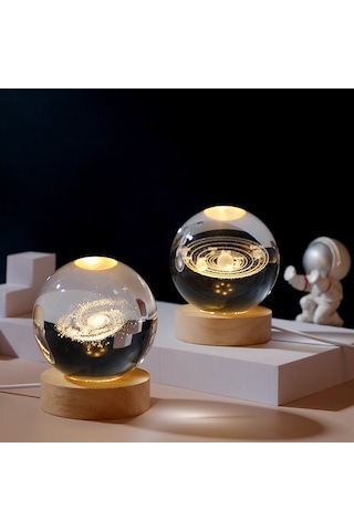 Shineyee Ay Güneş Sistemi Kristal Top, Ahşap Işıklı Tabanlı, Ev Dekoratif Mutfak Aydınlatma, 6cm Cam Top + 6cm Ahşap Doğal Işık Tabanı, Hediyelik Sanayi Eseri