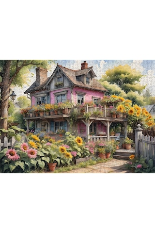 Nova Puzzle 1000 Parça Ayçiçekli Pembe Ahşap Ev Puzzle - Pembe Köy Evi