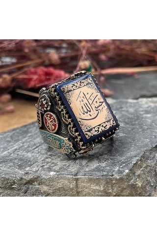 925 Ayar Gümüş Hasbi Allah Yazılı Büyük Kasa Usta İşi Erkek Yüzük Gümüş