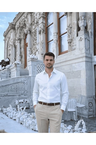 Bys Beystil Slim Fit Beyaz Saten Gömlek Bys Beystil Slim Fit Beyaz Saten Gömlek