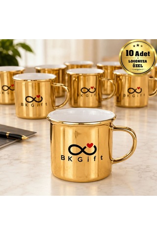 Logonuza Özel 10 Adet 300 Ml Porselen Altın Enamel Kupa Bardak Kurumsal Hediye Seti Çok Renkli