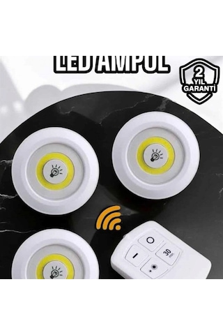 Spot Lamba Led Işık 3'lü Uzaktan Kumandalı Pilli Yapışkanlı Kablosuz Yeni Nesil