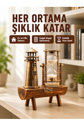 Ahşap Kum Saati Ve Deniz Feneri Figürü Bir Arada - Ev & Ofis Dekorasyonu Yeni Nesil