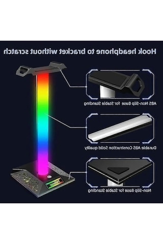 Rgb Işıklı Kulaklık Tutucu, Usb Hub İle Dokunmatik Kontrol Ve Kaymaz Taban