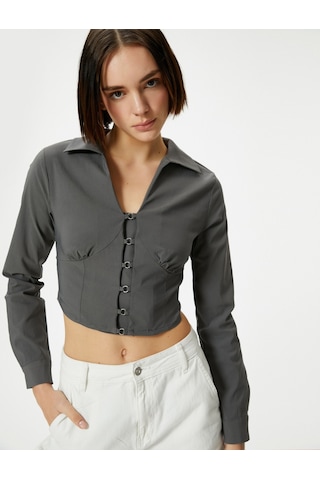 Koton Gömlek Yaka Crop Bluz Slim Fit Uzun Kollu Korse Görünümlü Antrasit 4sal60148ıw 4SAL60148IW924 Antrasit