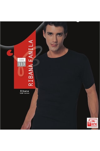 Erkek Siyah Ribana Yarım Kol Atlet % 100 Pamuklu Fanila 3'lü Paket 113-3s Siyah