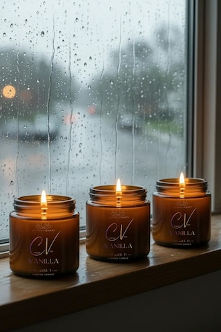3 Lü Vanilya Kokulu Aromaterapi Mum %100 Doğal Soya Wax Kapaklı Amber Cam Krem Renk 100 Cc Amber