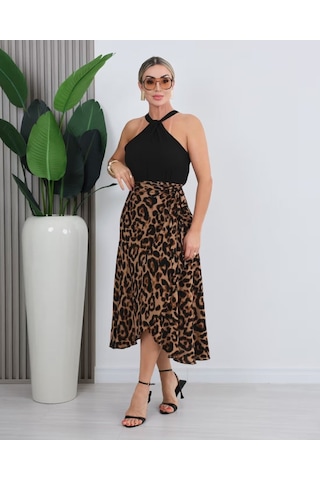 Veraura Lifestyle Kadın Önden Bağlamalı Leopar Desenli Süprem Uzun Etek