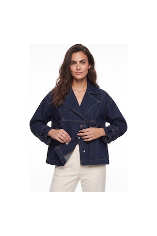 Onloox Kadın Lacivert Lacivert Pamuklu Geniş Yaka Uzun Kollu Ayarlanabilir Manşetli Düğme Detaylı Denim Ceket