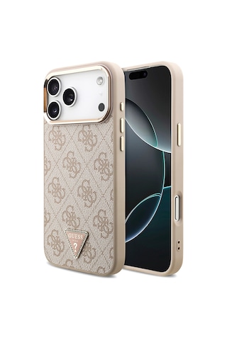 Apple Uyumlu iPhone 17 Pro Max Kılıf Guess Lisanslı M-safeli Taşlı Üçgen Logo 4g Desenli Kapak Pembe Pembe