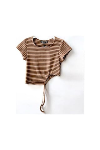 Zekids Kız Çocuk Çizgili Yandan Biyeli Crop Bluz-14471 Vizon