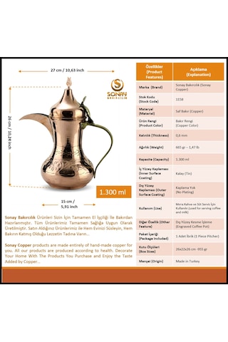 Mırra Büyük Boy Bakır Arap Çaydanlık Sütlük 1.300 Ml Bakır