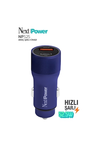 Next Power 52.5w Araç İçi Hızlı Şarj Aleti Type-c + Usb Güç Adaptörü Oto Çakmaklık - Mavi