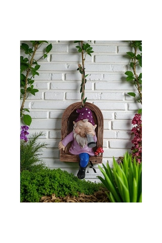 1 Adet Dekoratif Duvar Ve Bahçe Süsü Dürbünlü Cüce Mor Şapka