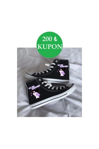 Günlük Keten We Are Kuromıes Kuromi Baskılı Siyah Uzun Convers Sneaker Canvas Spor Ayakkabı We Are Kuromıes