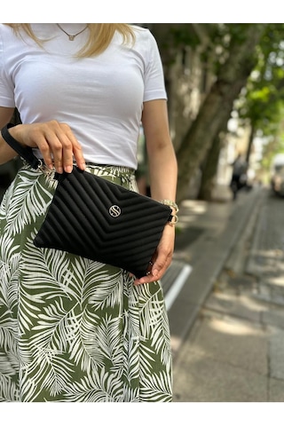 Sanmorris Kadın Siyah Renkli Saten Kumaş Ayarlanabilir Çapraz Ve El Askılı Portföy, Clutch Çanta Siyah