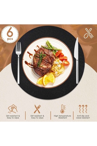 Moly Yuvarlak Örgülü Amerikan Servis Takımı 6'lı Siyah Masa Örtüsü İçin Siyah