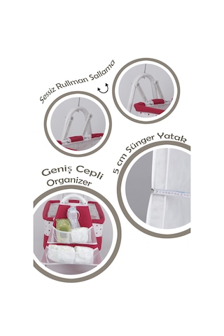 Chubby Baby İsme Özel Sallanır Beşik 5 CM Sünger Yataklı Organizerli Tüllü Cibinlikli Bebek Beşiği Kırmızı