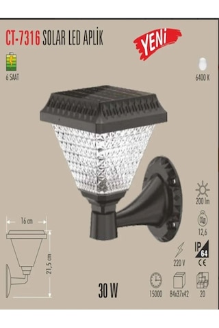 Ct 7316 Solar Duvar Armatür 30w 6400k Beyaz Işık Siyah