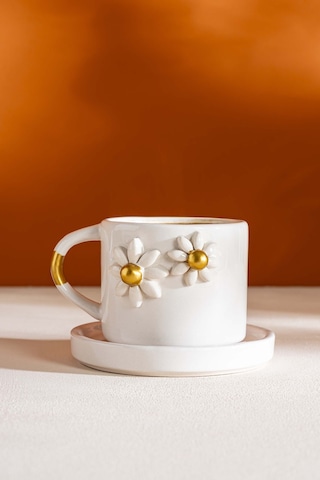 Rivaistanbul Gold Papatya Amore El Yapımı Seramik Double Kahve Fincanı Mug Kupa Krem