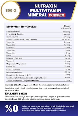 Nutraxin Multivitamin Mineral Powder 300 Gr Magnezyum, Taurin, Kreatin, L Carnitin, Ginseng, Co10, Energy