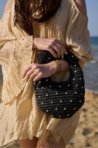 Yıldız Kristal Taşlı Siyah Örme Düğümlü Yarım Ay Silüetli Rustik Makrome Portföy Clutch Fermuarlı Astırlı Örgü Hasır Yazlık Tatil El Çantası