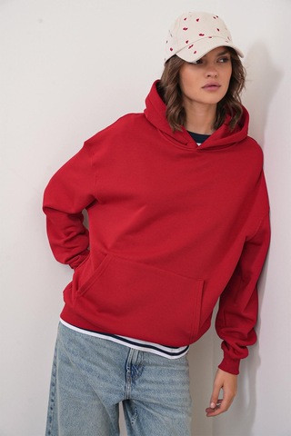 Mixray 2022 Unisex 3iplik Basic Polarlı Kapüşonlu Sweatshirt Hoodie Kırmızı Kırmızı