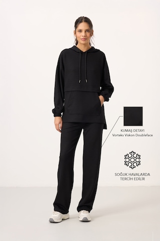 Siyah Yumuşak Dokulu Kapüşonlu Oversize Kadın Eşofman Tunik Takım - 95348 Siyah